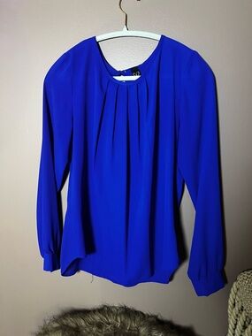 Windsor Royal Blue Pleated Neckline Long Sleeve Keyhole Back Blouse Top